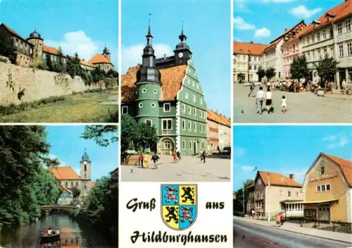 AK / Ansichtskarte Hildburghausen Thueringen Stadtmauer Rathaus Marx-Engels-Platz Friedenspark Leninstrasse Fluss Bruecke Kirche Mehrbildkarte