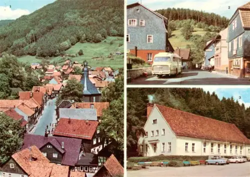 AK / Ansichtskarte Giessuebel Schleusegrund Ortsmitte Kulturhaus Bus Fachwerk Talblick Waldlage Mehrbildkarte