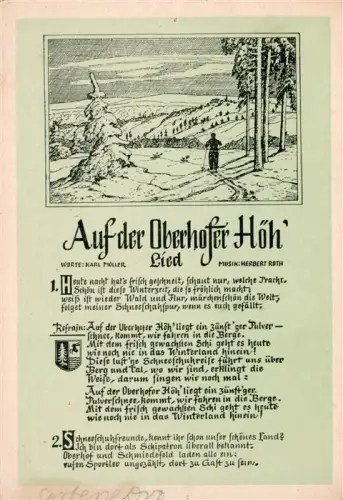 AK / Ansichtskarte Oberhof Thueringen Winterlandschaft Skilaeufer Zeichnung Lied Schnee Wald Tannen