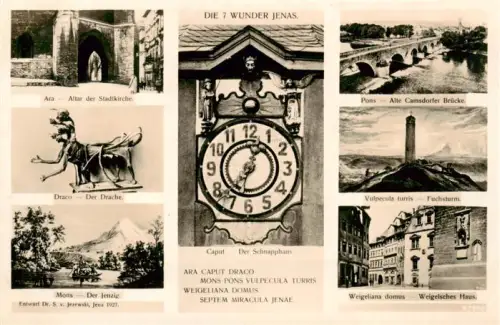 AK / Ansichtskarte JENA  Thueringen 7-Wunder-Jenas Stadtkirche Drache Jenzig Schnapphans Camsdorfer-Bruecke Fuchsturm Weigelsches-Haus