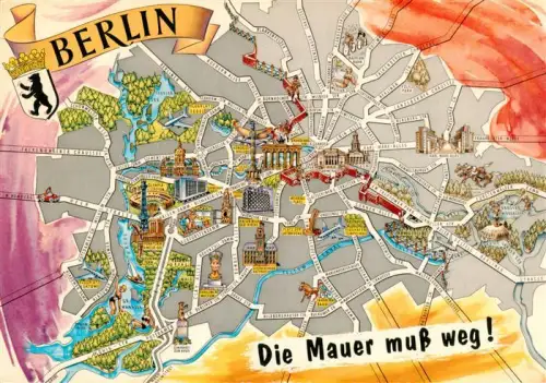 AK / Ansichtskarte BERLIN  CITY Stadtplan Bildkarte Berliner-Mauer Brandenburger-Tor Kaiser-Wilhelm-Gedaechtniskirche Tiergarten Spree Illustriert