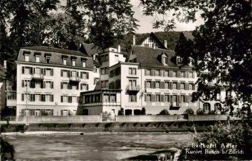 AK / Ansichtskarte BADEN  AG (Schweiz) Bad-Hotel-Adler Kurort Limmat Fluss Hotel Baeume