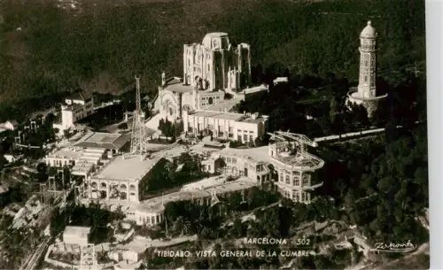 AK / Ansichtskarte BARCELONA Cataluna ES Tibidabo Vista-general-de-la-cumbre Kirche Bergkuppe Wald Vergnuegungspark Sender Luftbild