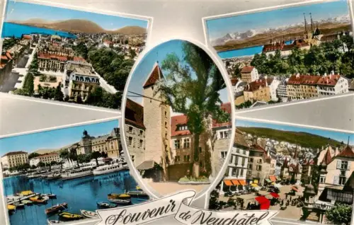 AK / Ansichtskarte Neuchatel NE Stadtpanorama See Hafen Turm Marktplatz Altstadt Boote Berge Mehrbildkarte
