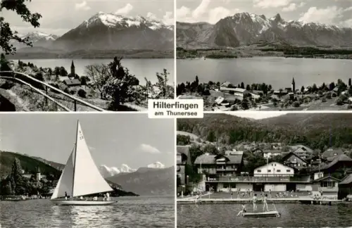 AK / Ansichtskarte Hilterfingen Thunersee BE Thunersee See Segelboot Berge Schnee Dorf Badeanstalt Alpen Panorama