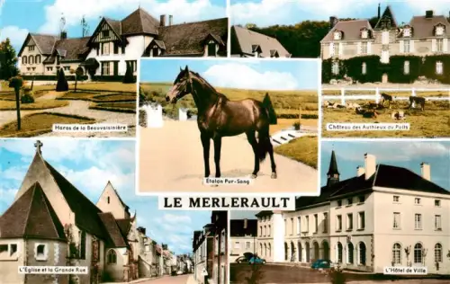 AK / Ansichtskarte Le Merlerault Argentan 61 Orne Haras-de-la-Beauvaisiniere Etalon-Pur-Sang Chateau-des-Authieux-du-Puits Eglise Grande-Rue Hotel-de-Ville Pferd Normandie