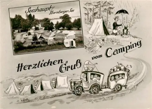 AK / Ansichtskarte Seeshaupt Starnberger See Bayern Camping Campingplatz Starnberger-See Zelte Wohnwagen Badeplatz Karikatur