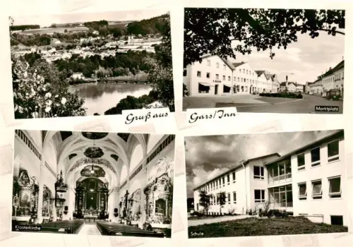 AK / Ansichtskarte Gars Inn Muehldorf Bayern Marktplatz Klosterkirche Schule Inn Fluss Panorama Barockkirche