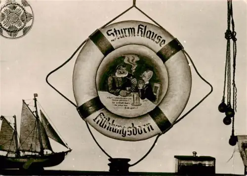AK / Ansichtskarte KueHLUNGSBORN Ostseebad Sturmklause Rettungsring Segelboot Fischerboot Karikatur Bier Maenner