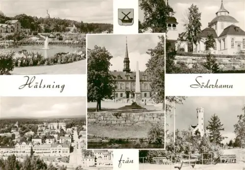 AK / Ansichtskarte Soederhamn Sweden Mehrbildkarte Park Brunnen Kirche Stadtbild Turm Wappen Rathausplatz Stadtpark