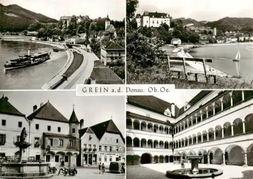 AK / Ansichtskarte Grein Donau Muehlviertel Oberoesterreich AT Donau Schloss Marktplatz Kreuzgang Brunnen Dampfschiff Segelboot