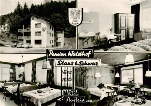 AK / Ansichtskarte Stans Tirol AT Pension-Waldhof Schlafzimmer Speisesaal Gaststube Wald Balkon Tirol-Wappen