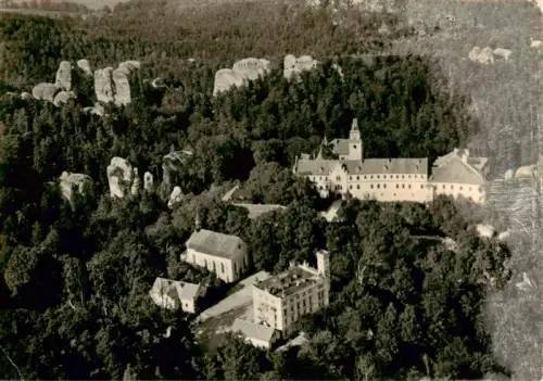 AK / Ansichtskarte Hruba Skala CZ Zámek Schloss Luftaufnahme Felsenlandschaft Wald Kirche Zotavovna