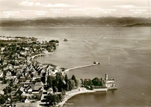 AK / Ansichtskarte Langenargen Bodensee Bodensee Luftbild Schloss Seepromenade Segelboote Bergpanorama Vorarlberg
