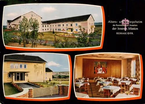 AK / Ansichtskarte Rehau Oberfranken HOF Bayern Alten-und-Pflegeheim Rummelsberger-Anstalten Innere-Mission Speisesaal Pflegeheim Garten Mehrbildkarte