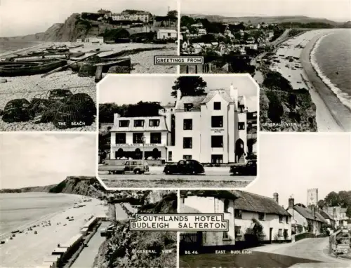 AK / Ansichtskarte Budleigh Salterton UK Southlands-Hotel Strand Klippen Kueste Fischerboote East-Budleigh Dorfstrasse Ortsansicht