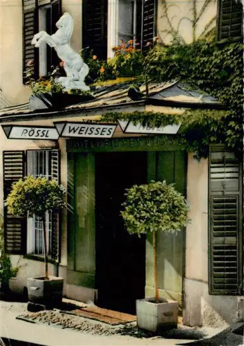 AK / Ansichtskarte St Wolfgang Salzkammergut Oberoesterreich AT Hotel-Weisses-Roessl Wolfgangsee Eingangsportal Pferd-Statue Fassade Blumenschmuck