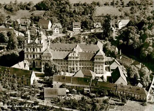 AK / Ansichtskarte Schoental Jagst BW Kloster-Schoental Jagst Klosterkirche Klostergebaeude Barockkirche Fliegeraufnahme Luftbild Wald