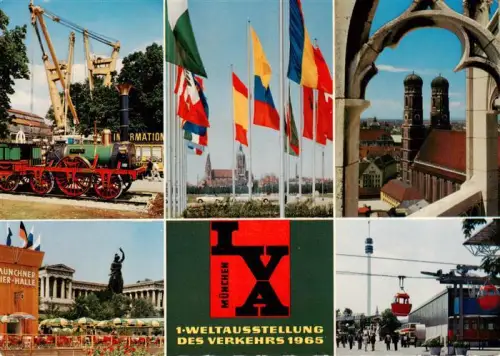 AK / Ansichtskarte MueNCHEN  Bayern IVA Weltausstellung-des-Verkehrs Adler-Lokomotive Bavaria Frauenkirche Aussichtsturm Seilbahn Flaggen