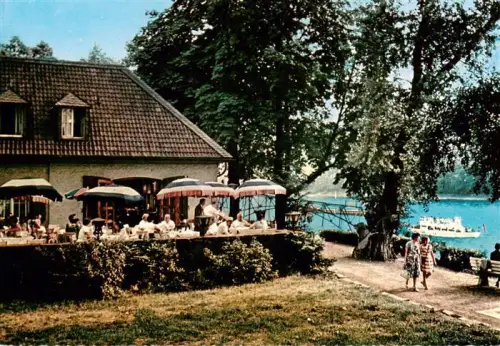 AK / Ansichtskarte Honnef BAD HONNEF Rhein-Cafe Insel-Grafenwerth Rhein Terrasse Gaeste Sonnenschirme Ausflugsschiff Baeume