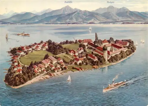 AK / Ansichtskarte Frauenchiemsee Insel Bayern Chiemsee Kloster Insel Dampfschiff Segelboot Hochfelln Hochgern Vogelschau