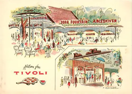 AK / Ansichtskarte COPENHAGEN Kobenhavn Kjoebenhavn Kopenhagen DK Tivoli Soda-Fountain Aebleskiver Freizeitpark Illustration Zeichnung Besucher