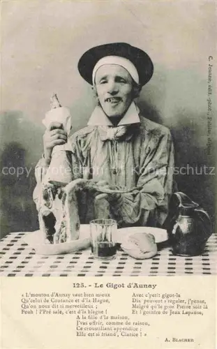 AK / Ansichtskarte Aunay-sur-Odon Vire 14 Calvados Gigot-d Aunay Schaf-Keule Mann Mahlzeit Karikatur Flasche Brot Humor