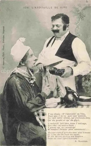 AK / Ansichtskarte VIRE 14 Calvados Andouille-de-Vire Koch Messer Mahlzeit Karikatur Humor Wurst