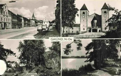 AK / Ansichtskarte Gmuend Niederoesterreich Hauptplatz Herz-Jesu-Kirche Felsenweg Asangteich Kirche LKW Teich Felsen Wald