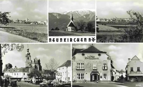 AK / Ansichtskarte Neunkirchen Schneeberg Niederoesterreich AT Panorama Kapelle Schneeberg Hauptplatz Altes-Brauhaus Kirchturm Autos Felder