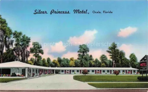 AK / Ansichtskarte Ocala Florida USA Silver-Princess-Motel Motel Bungalows Palmen Baeume Strasse Schild