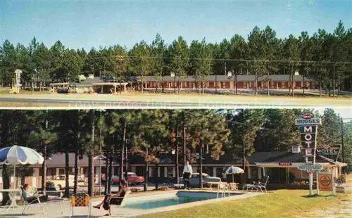 AK / Ansichtskarte Statesboro Georgia USA Hodges-Motel-and-Restaurant Kiefernwald Pool Motelgebaeude Strasse Autos Schild