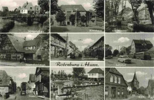 AK / Ansichtskarte Rotenburg Wuemme Hannover Niedersachsen Noedenbruecke Kreishaus Grossestrasse Jugendherberge Bahnhof Goethestrasse Badeanstalt Mehrbildkarte