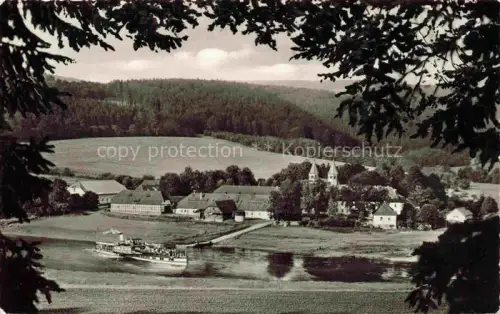 AK / Ansichtskarte Bursfelde Hann Muenden Niedersachsen Weser Fluss Klostermuehle Gasthaus Dampfschiff Kirche Dorf Weserbergland