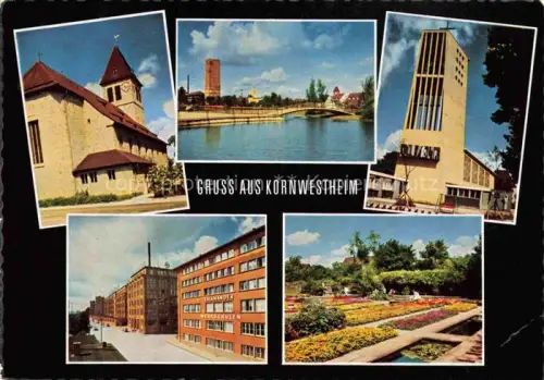 AK / Ansichtskarte Kornwestheim Kirche Teich Bruecke Wasserturm Salamander-Werkschulen Blumengarten Fabrik