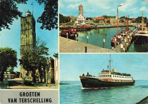 AK / Ansichtskarte TERSCHELLING Friesland NL Brandaris-Vuurtoren Hafen Fischerboote Faehre-Friesland Leuchtturm Insel