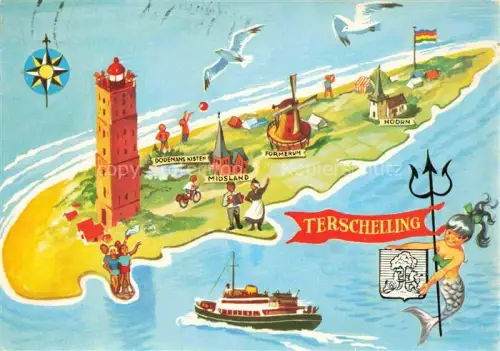 AK / Ansichtskarte TERSCHELLING Friesland NL Landkarte Leuchtturm Windmuehle Faehre Moewe Meerjungfrau Brandaris Midsland