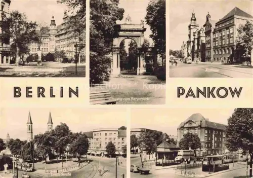 AK / Ansichtskarte PANKOW BERLIN Buergerpark-Eingang Rathaus Breite-Strasse Dinastrasse Strassenbahn DDR Mehrbildkarte