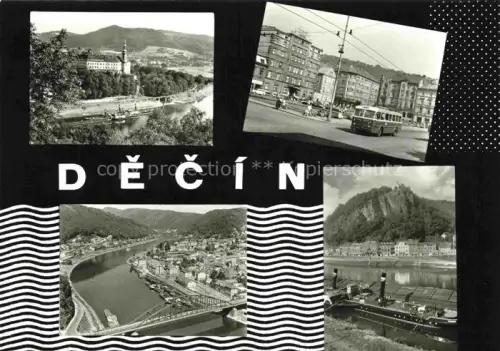 AK / Ansichtskarte DECIN Tetschen-Bodenbach Boehmen CZ Elbe Schloss Strassenbahn Stadtplatz Felsen Lastschiff Bruecke