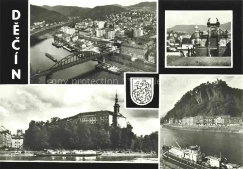 AK / Ansichtskarte DECIN Tetschen-Bodenbach Boehmen CZ Elbe Schloss Bruecke Luftbild Felsen Lastschiff Wappen Stadttor
