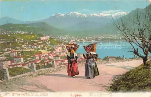 AK / Ansichtskarte LUGANO Lago di Lugano TI Lago-di-Lugano Stadtpanorama Trachten Frauen Koerbetraegerinnen Alpen Handkoloriert