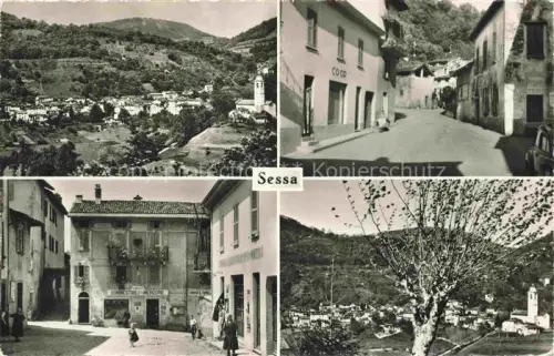 AK / Ansichtskarte Sessa  Lugano Ticino TI Co-op Dorfzentrum Comestibili-Mercerie Panorama Kirchturm Strassenszene