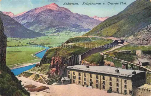 AK / Ansichtskarte Andermatt UR Kriegskaserne Urseren-Thal Kaserne Fluss Bergtal Winterhorn Berglandschaft
