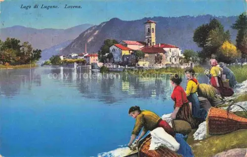 AK / Ansichtskarte Lavena  Ponte Tresa LUGANO TI Lago-di-Lugano See Kirche Wascherinnen Koerbe Dorf Berglandschaft