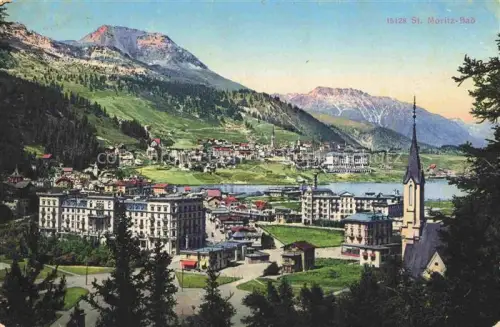 AK / Ansichtskarte Moritz Bad GR St Moritzersee Kirchturm Grandhotel Bergpanorama Engadin Badkurort Ortspanorama