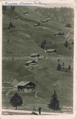 AK / Ansichtskarte Morgins Monthey VS Chemin-de-Bellevue Alpweide Alphuetten Bergweg Wanderer Tannen