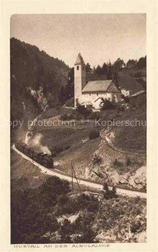 AK / Ansichtskarte Mustail Mistail Tiefencastel Albula GR Albulalinie Rhaetische-Bahn Dampflok Kirchturm Bergtal Waldweg Kurve
