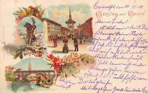 AK / Ansichtskarte BERN BE Zeitglockenturm Baer Kirchenfeldbruecke Muenster Lithographie Passanten Blumen