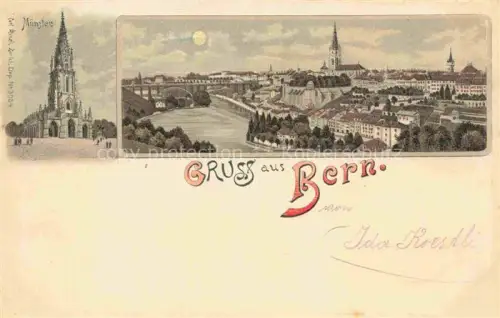 AK / Ansichtskarte BERN BE Muenster Aare Panorama Lithographie Altstadt Kirchturm Mondschein