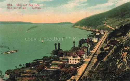 AK / Ansichtskarte Biel Bienne BE Bielersee Blick-auf-den-See Dampfschiff Segelboot Eisenbahn Rebhaenge Haeuser Eisenhandlung Segnau